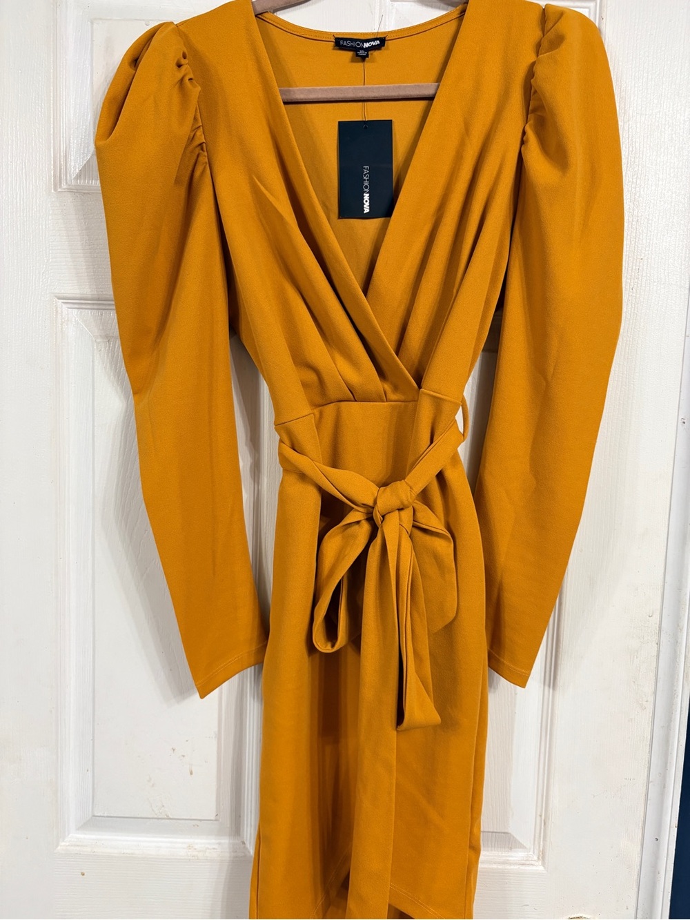 Fashion Nova Mustard Wrap Midi Dress with Puff Sleeves
